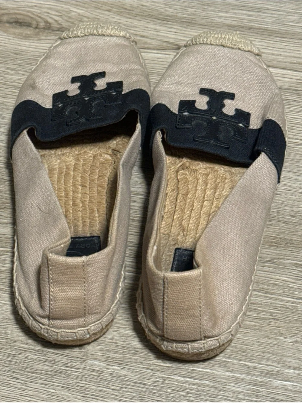 Tory Burch Beige Canvas Espadrille Flats with Black Logo Band